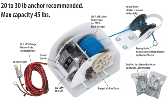 Molinete eléctrico 12V con cabrestante de Barco de Control Remoto Agua Salada para Anclas de hasta 45 Libras