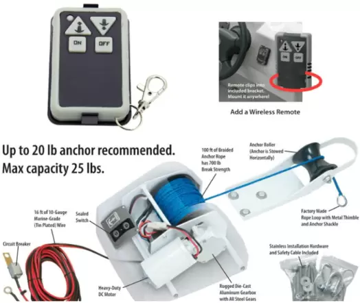 Molinete eléctrico 12V con cabrestante de Barco de Control Remoto Agua Salada para Anclas de hasta 45 Libras