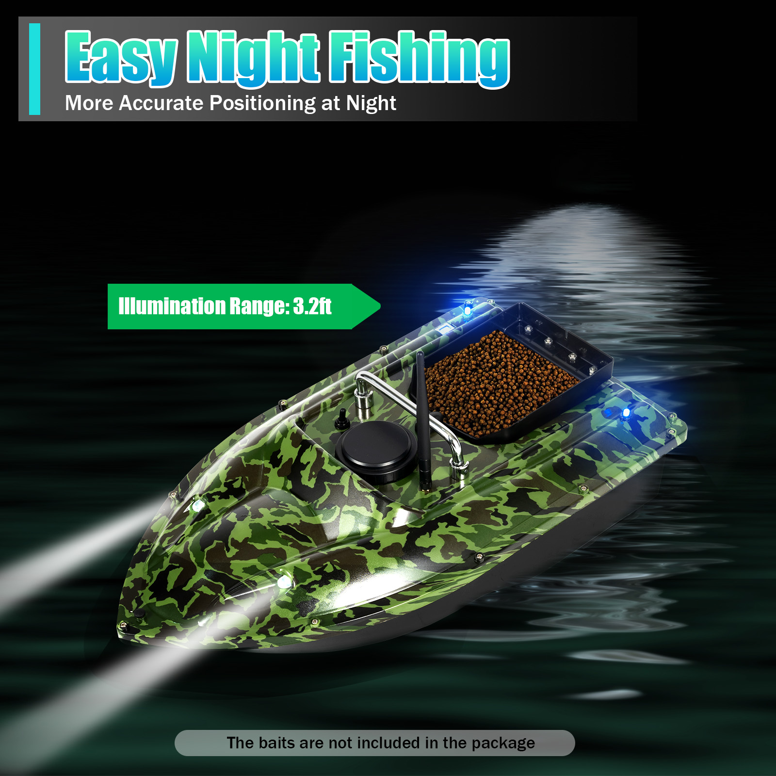 Barco De Pesca Teledirigido Con Cebo – 500 M De Alcance, Carga 1,5 Kg, ABS Camuflaje, Hélice De Tres Hojas, Luces LED Para Pesca Nocturna