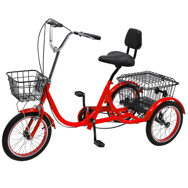 Triciclos para adultos, Bicicletas de 3 ruedas con cestas, Altura ajustable, Máx Capacidad de carga total: 150kg, Rojo