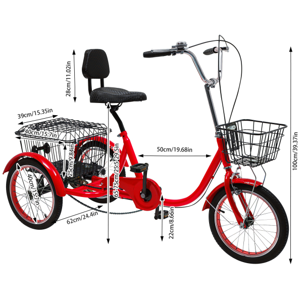 Triciclos para adultos, Bicicletas de 3 ruedas con cestas, Altura ajustable, Máx Capacidad de carga total: 150kg, Rojo