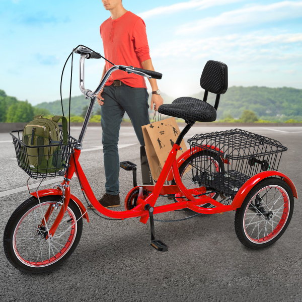 Triciclos para adultos, Bicicletas de 3 ruedas con cestas, Altura ajustable, Máx Capacidad de carga total: 150kg, Rojo