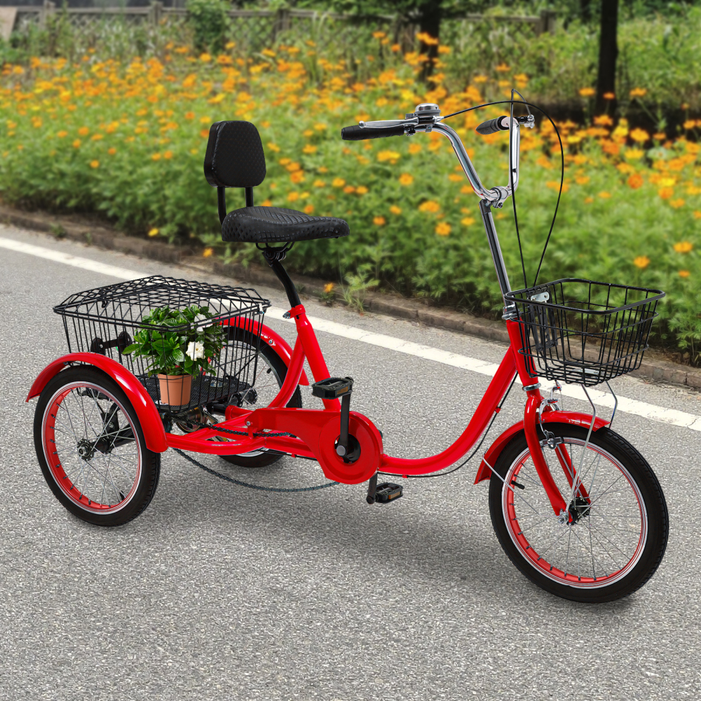 Triciclos para adultos, Bicicletas de 3 ruedas con cestas, Altura ajustable, Máx Capacidad de carga total: 150kg, Rojo